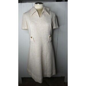 VTG Kay Windsor Women's L Beige Knit Shift Dress Woven Stretch Union Label Mod
